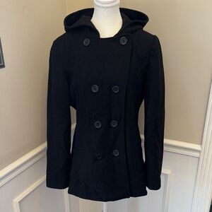Women's Black Double-Breasted Hooded Wool Peacoat